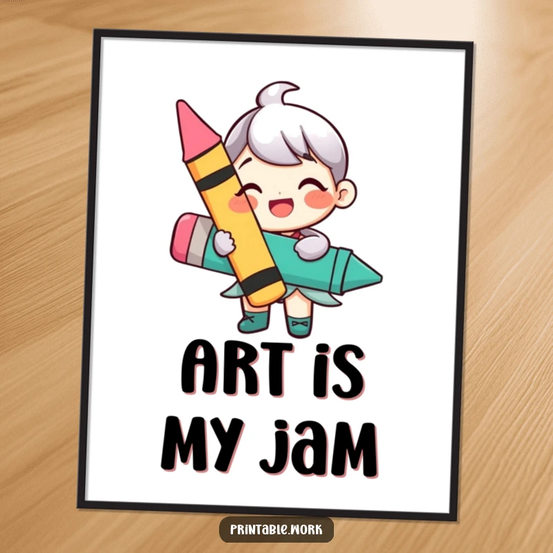 Funny digital art print of a happy character holding a large, vibrant crayon, perfect for instant, joyful, and colorful wall decoration.