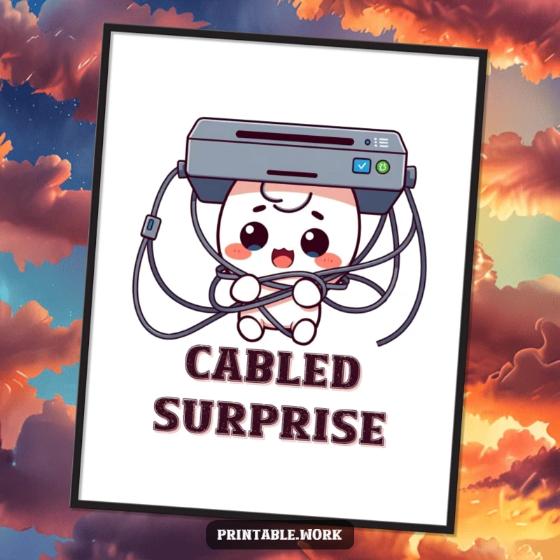 Funny Tech Trouble Digital Art print of a surprised Kawaii character comically tangled in printer cables, a humorous and engaging piece.