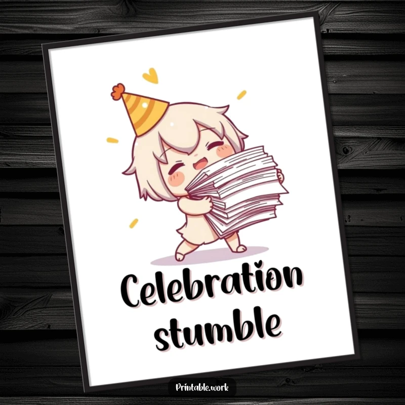 Funny Tripping Character Digital Art: A printable artwork of a character tripping with papers, designed for a funny, relatable look.