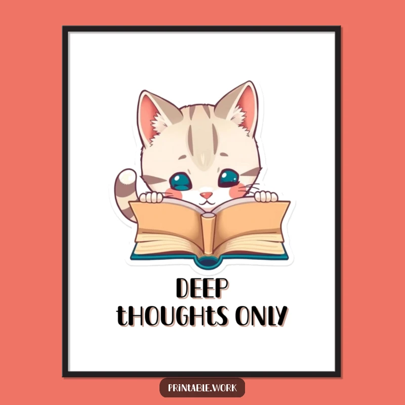 Funny Curious Cat Digital Art: Whimsical Literary Decor, Instant Funny Gift
