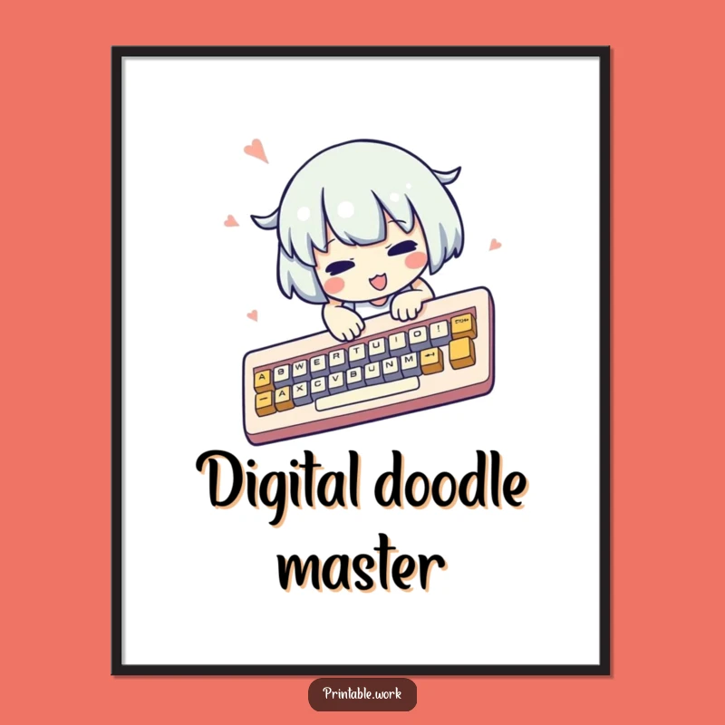 Funny Kawaii Typist Digital Art: Frantic Keyboard Action, Instant Cute Decor, Gift