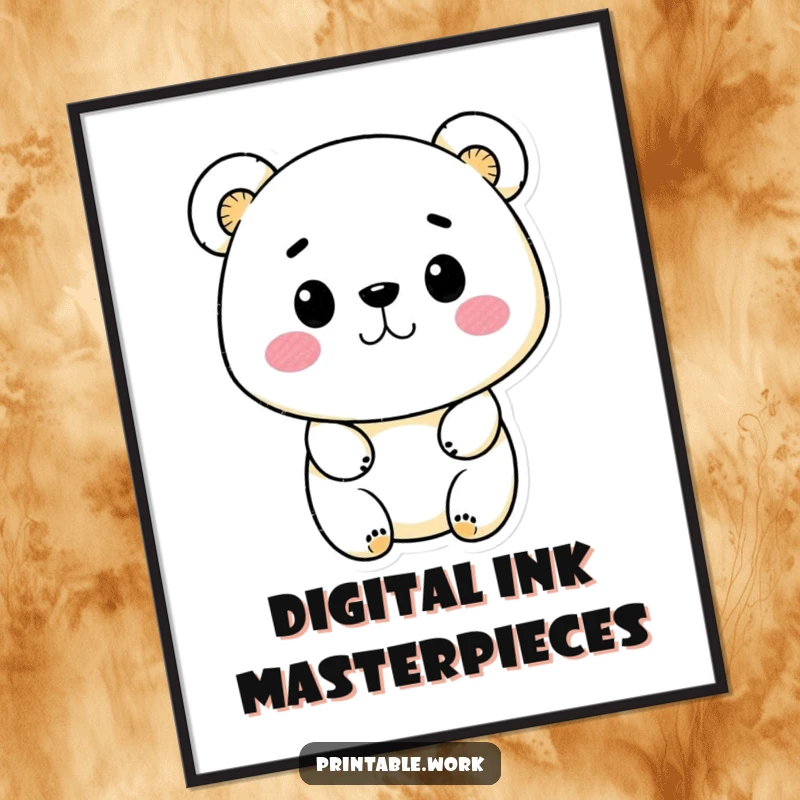 Funny Kawaii bear character using ink stamps to create a design, available as an instant digital art download.
