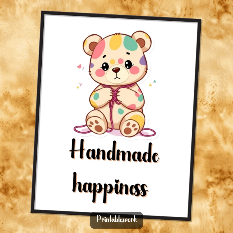 Funny digital art print of a content bear character knitting a colorful abstract pattern, perfect for instant, cozy decor download.