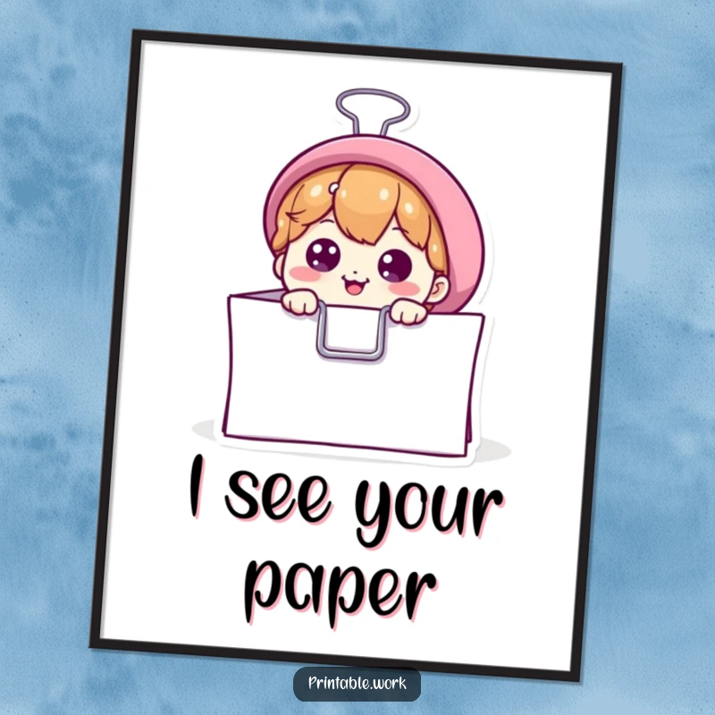 Funny digital art print of a curious binder clip peeking from paper, ideal for office humor decor and a unique, funny gift.