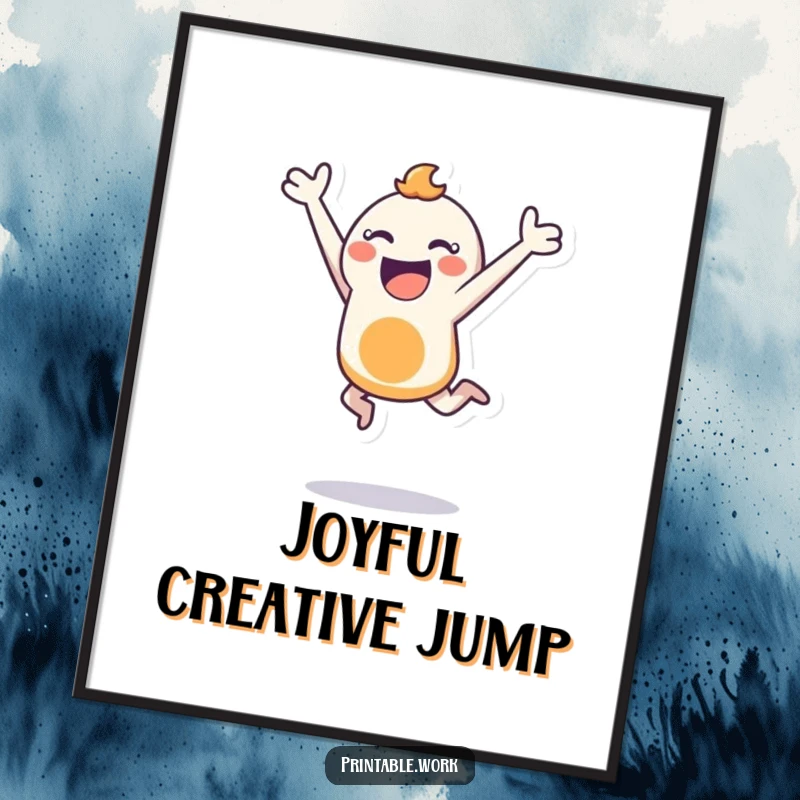 Funny digital art print of a bouncing character joyfully leaping with a stencil, perfect for instant, dynamic, and energetic wall decor.