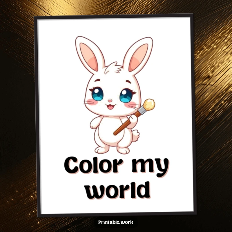 Funny Bunny Artist Digital Art Print: A vibrant artwork of a cheerful bunny with bright eyes holding a paintbrush, ready to create.