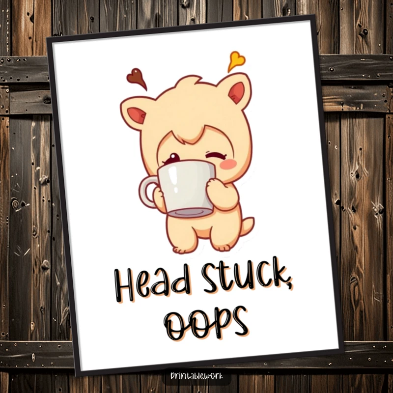 Funny digital art print of a character with a coffee mug stuck to its head, perfect for instant humorous wall decor.