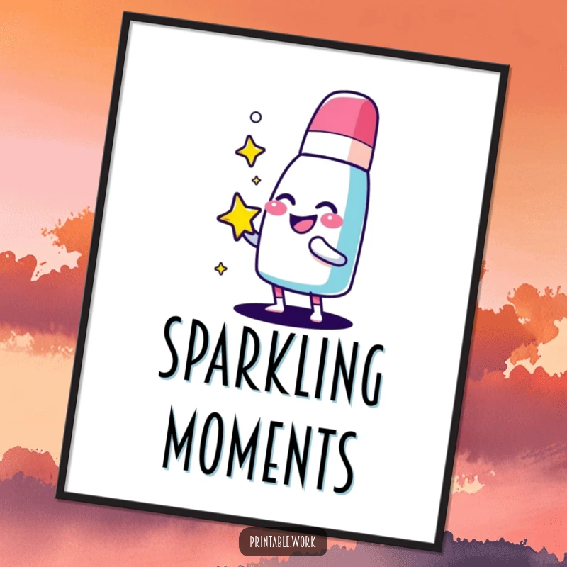 Funny giggling eraser character digital art print, happily polishing a sparkling star, ideal for neat and cheerful digital decor.