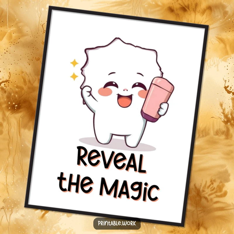 Funny digital art print of a giggling character using a giant eraser to reveal a hidden image, perfect for instant, playful wall decor.