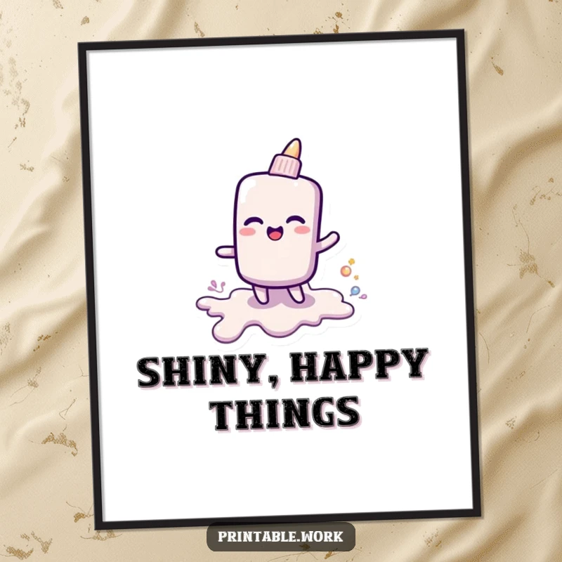 Funny digital art print of a cheerful glue stick leaving a shiny goo trail, adding creative and joyful decor.