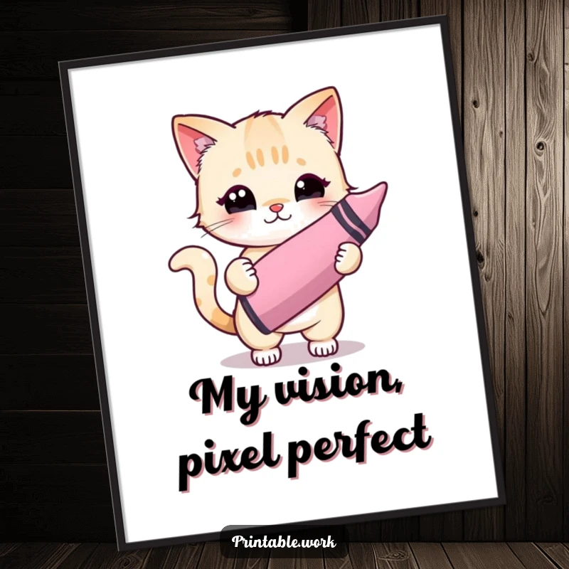 Funny Kawaii cat character holding a crayon, painting a vibrant picture, available as an instant digital art download.