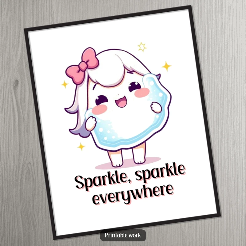 Funny Digital Art Print: A delighted Kawaii character holds a large, glittering sticker, embodying pure joy and sparkle.