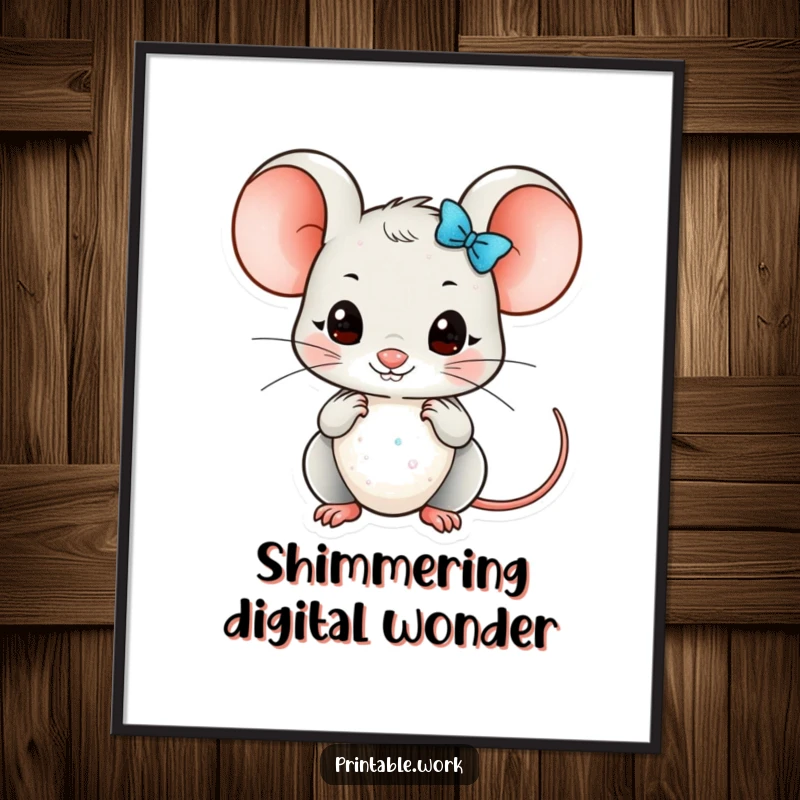 Funny Kawaii mouse character meticulously arranging small, glittery embellishments, available as an instant digital art download.