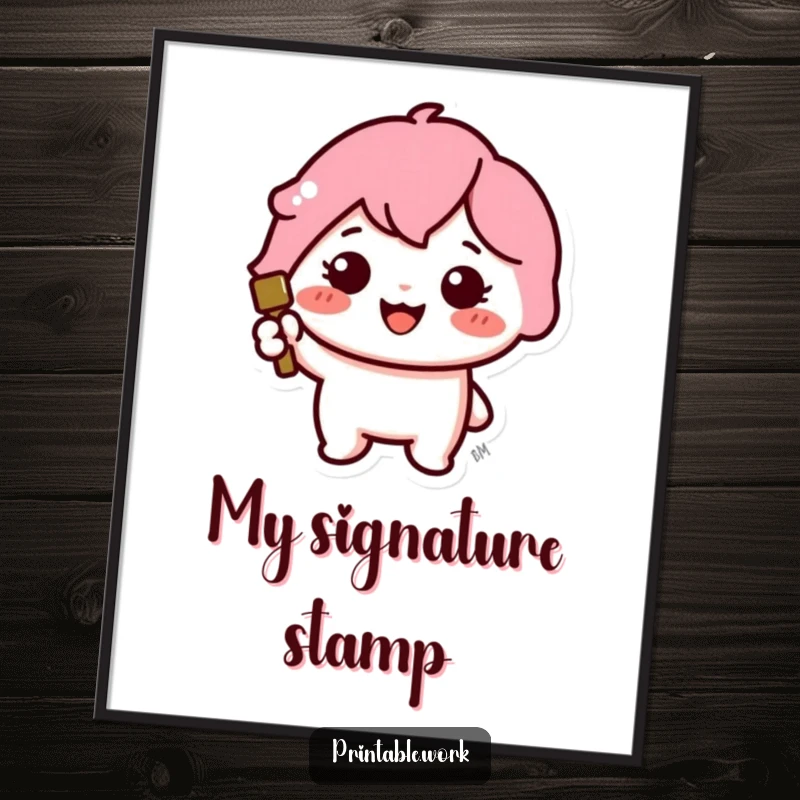 Funny digital art print of a cute Kawaii character cheerfully stamping a large, bright, colorful icon.