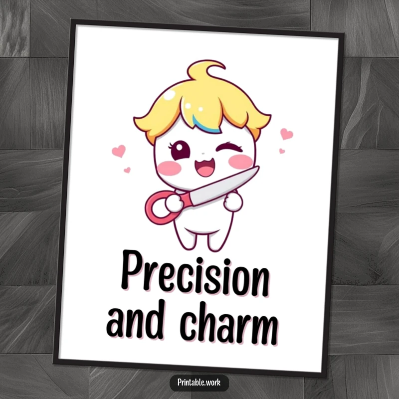Funny Kawaii character winking while holding scissors, offered as a digital art print for instant decorative wit and charm.