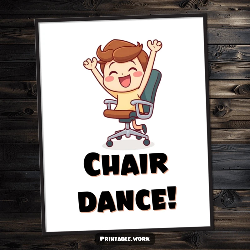 Funny digital art print of a character joyfully dancing and spinning in an office chair, a humorous depiction of pure delight.