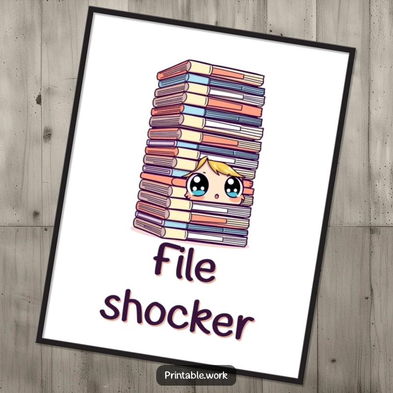 Funny character digital art print, surprised looking at a towering stack of files with wide eyes, office humor, high-resolution, humorous.