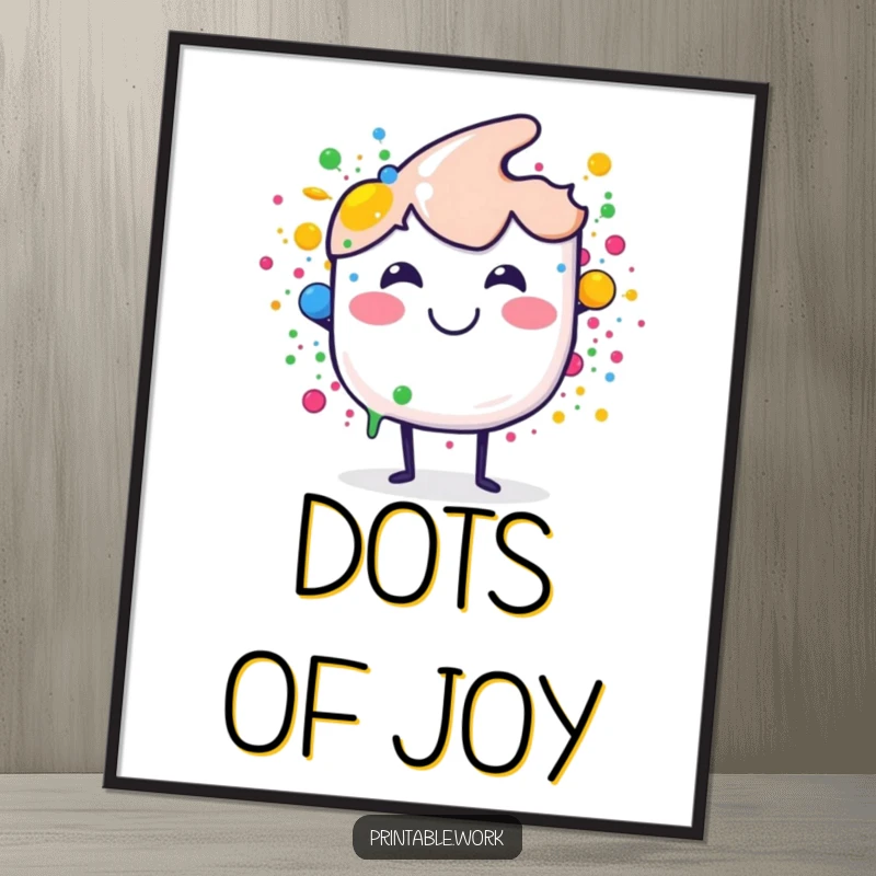 Funny digital art print of a smiling paint brush splashing happy dots, ideal for vibrant decor and a creative, funny gift.
