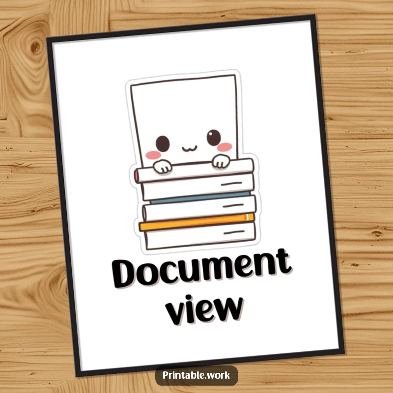 Funny digital art print: Paper character shyly peeking from behind documents, charming and humorous artwork.
