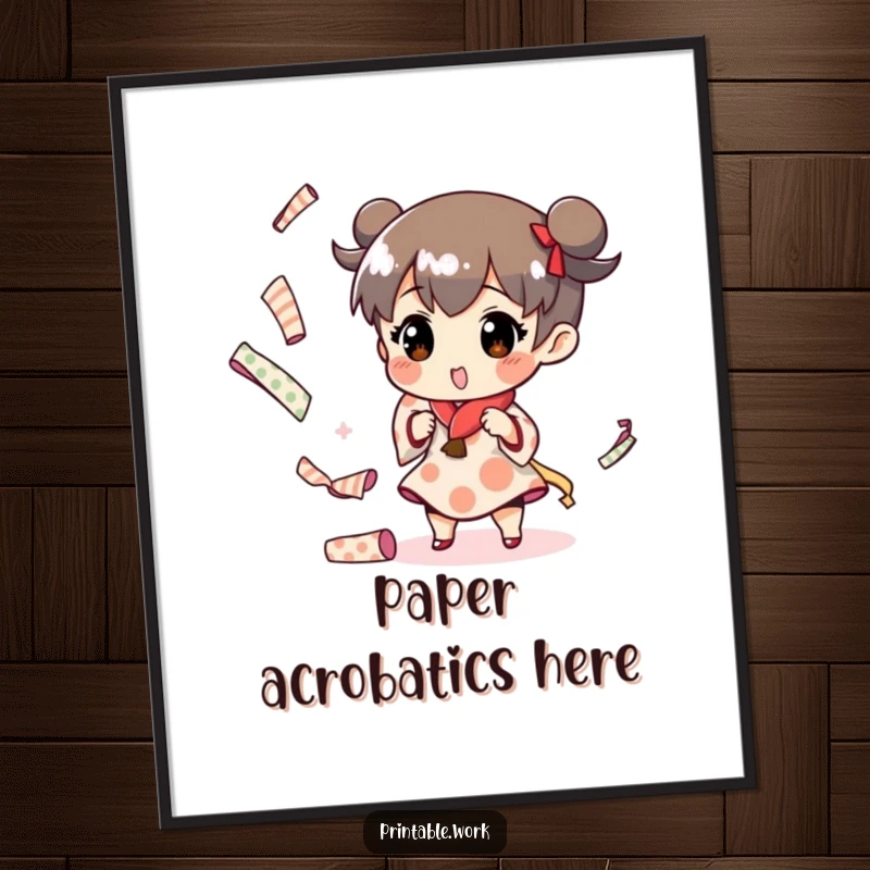 Funny digital art print of a character juggling patterned paper rolls, celebrating creativity with humorous artistic flair.