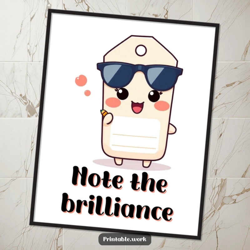 Funny Paper Tag Digital Art Print: A paper tag character sighs happily offering a small pencil, creating instant humorous decor.