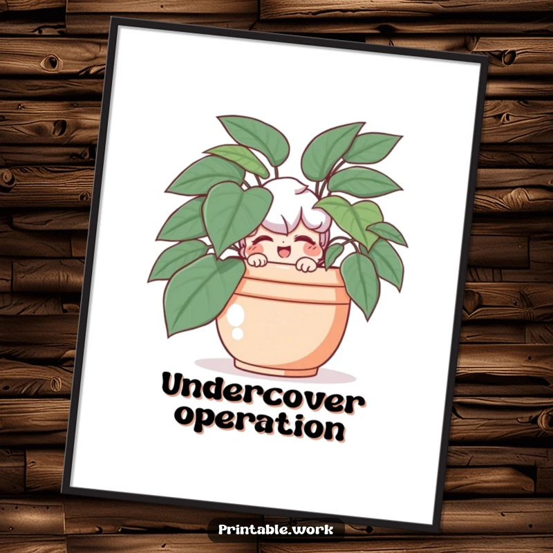 Funny digital art print of a playful character hiding behind a large plant, offering a wink.