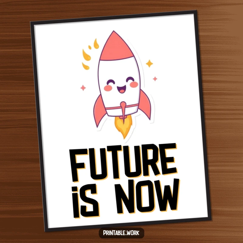 Funny digital art print of a giggling paper rocket character blasting off with flames, creating an instant mood of energetic humor.