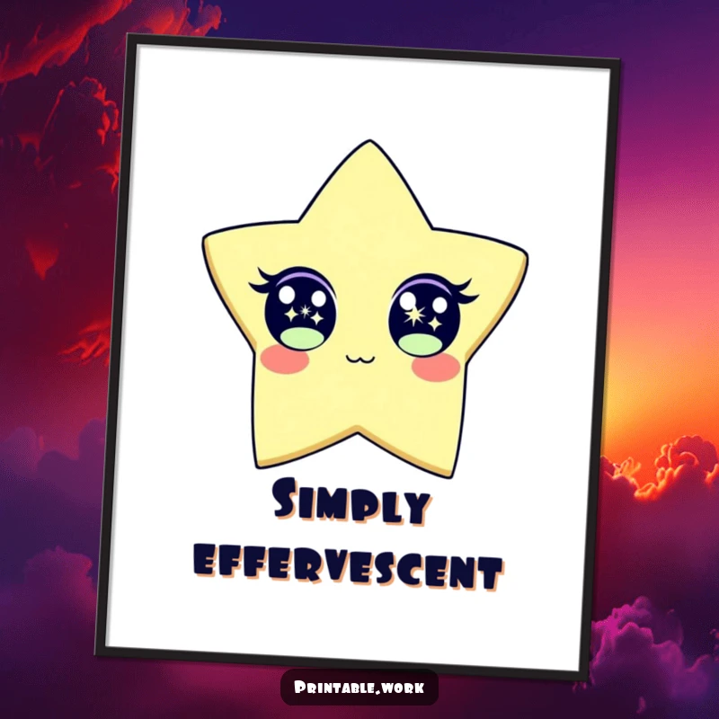 Funny Digital Art Print of a paper star character with wide, intensely sparkling eyes, conveying pure, radiant happiness. Humorous and uplifting.
