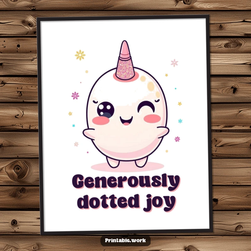 Funny digital art print of a happy glitter glue character dispensing shimmering dots, bringing creative energy to any room.
