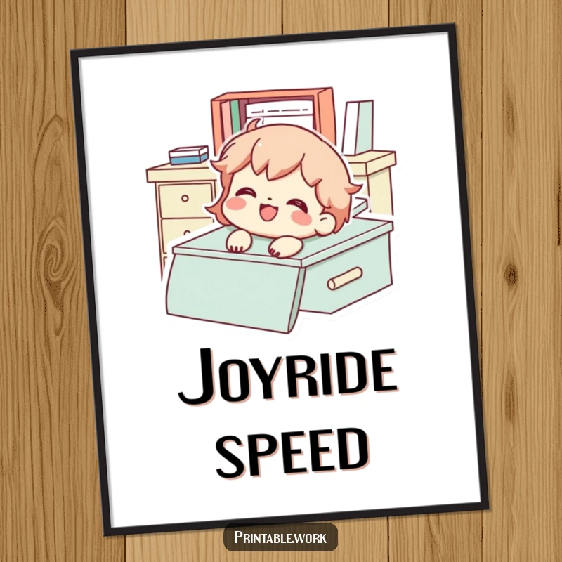 Funny Digital Art Print of a character gleefully sliding down a desk with a smile, bringing playful energy home.