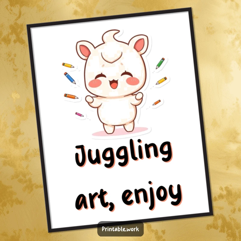 Funny Digital Art Print: A giggling Kawaii character juggles multiple colorful pens, showcasing artistic talent and pure joy.