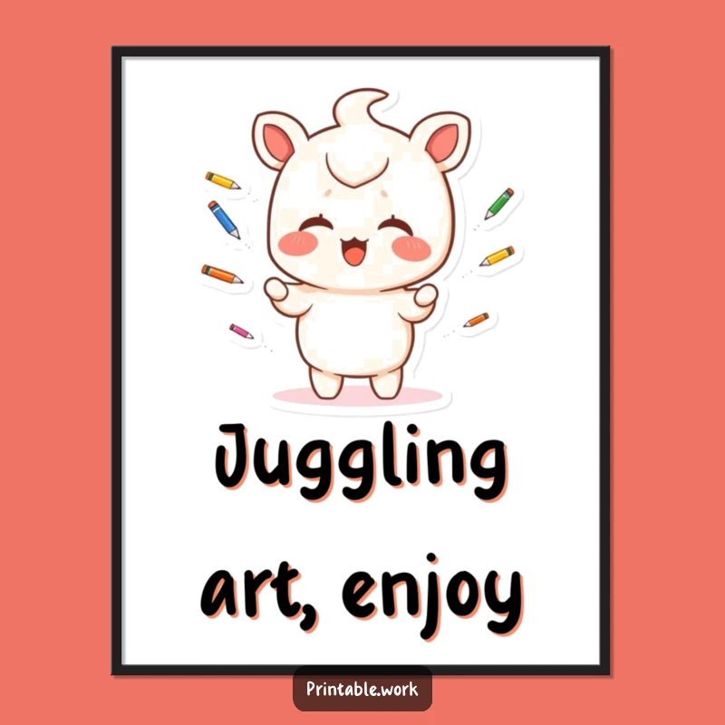 Funny Kawaii Digital Art: Pen Juggling Fun Print, Instant Funny Gift!