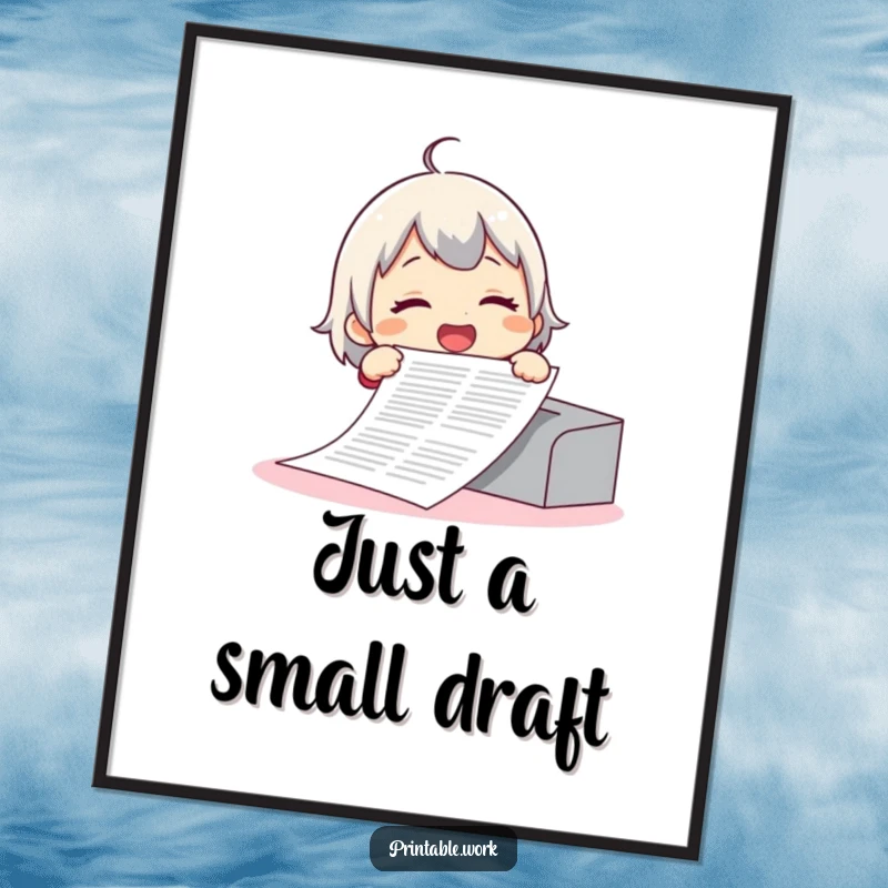 Funny digital art print of a giggling character happily printing an absurdly long document, a delightful and humorous piece for any space.