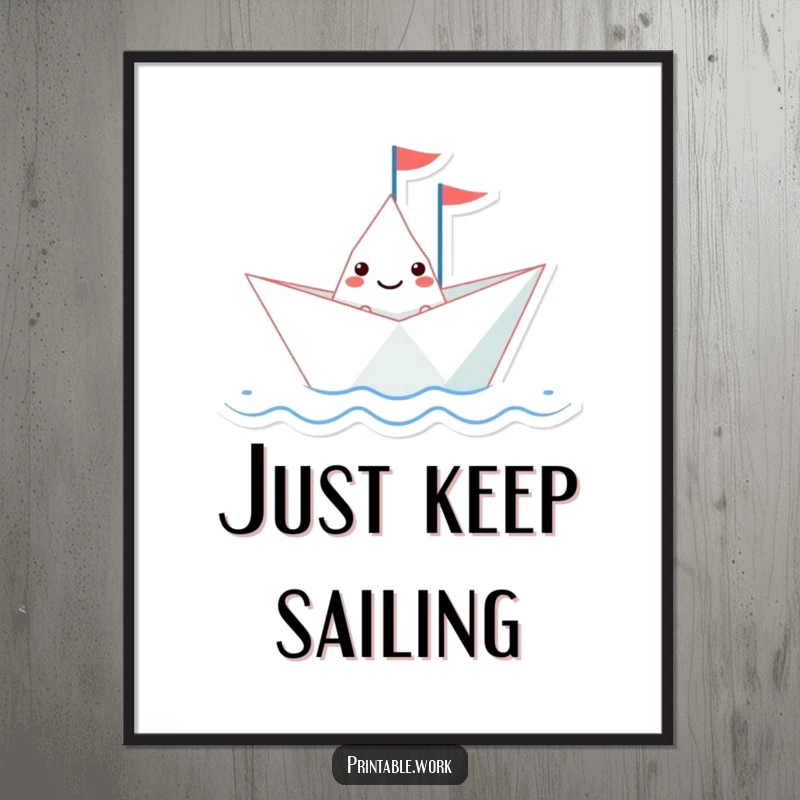Funny paper boat character with a tiny flag sailing on a wavy line, as a printable digital art file for instant decoration.
