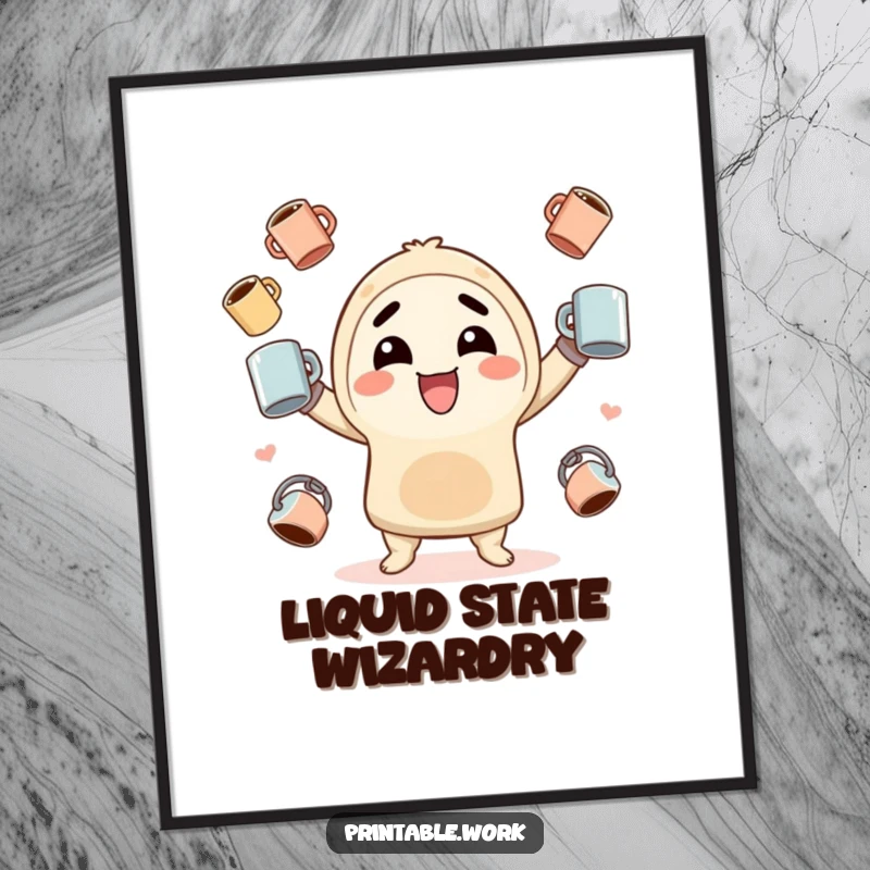 Funny Digital Art: High-resolution printable of a kawaii character gleefully juggling coffee mugs, bringing vibrant energy and humor.