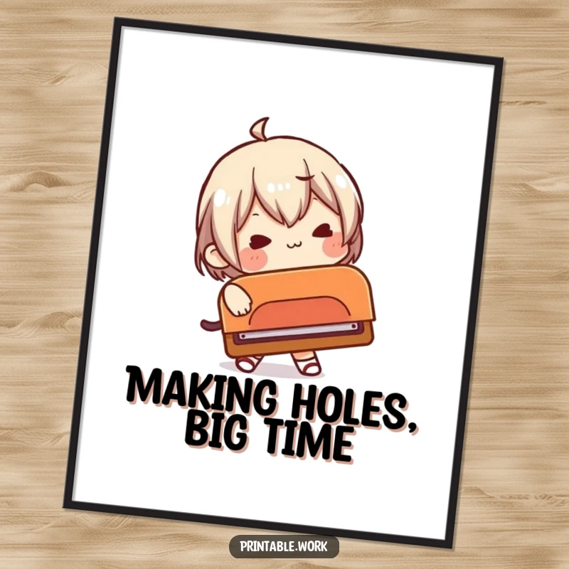 Funny office struggle digital art print of a character comically attempting to use a ridiculously large hole punch, for download.