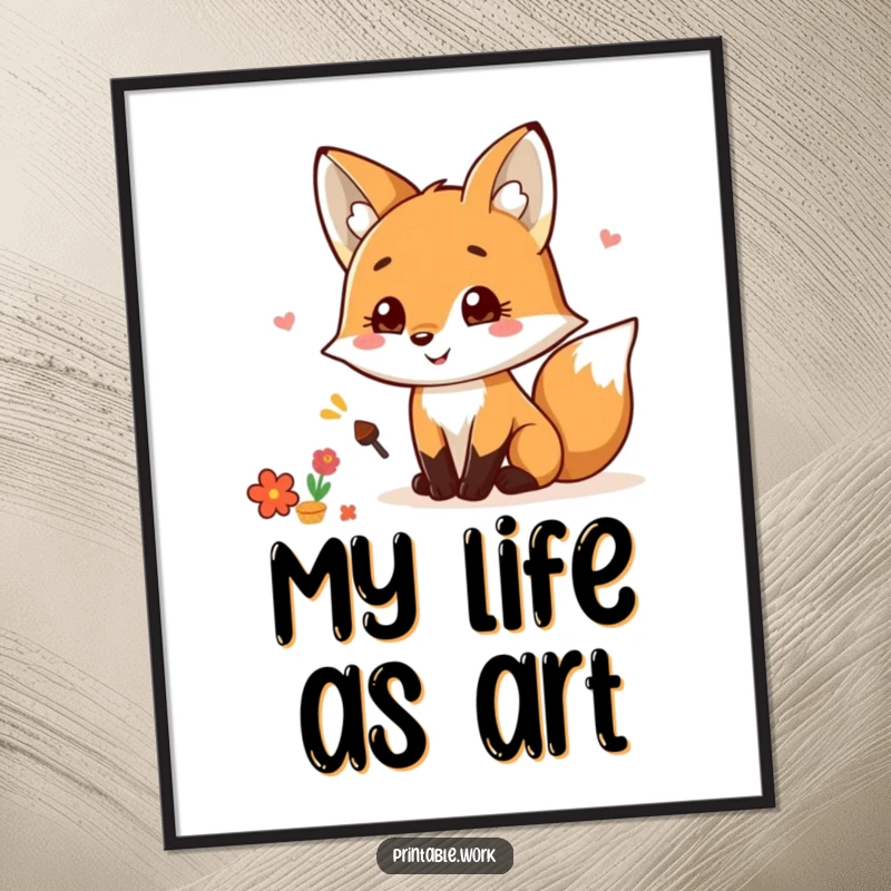 Funny Kawaii Fox Scrapbooking Digital Art Print of a smiling fox with craft supplies, decorating a page, ready to print and enjoy, a funny gift.