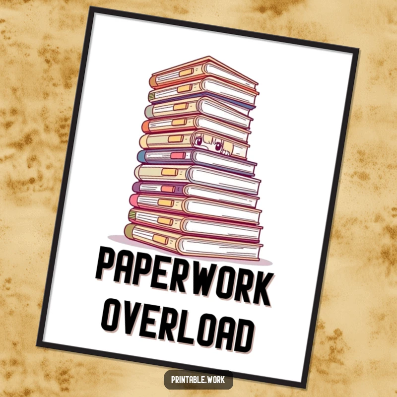 Funny digital art print of a character peeking over a massive pile of documents, bringing relatable office humor to any room.
