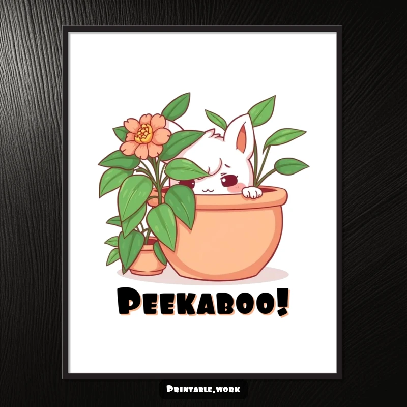Funny hidden plant digital art print of a playful character with a mischievous glint, hiding behind a lush potted plant.