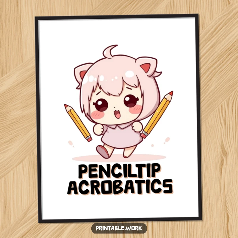 Funny Kawaii character hilariously tumbling with pencils, offered as a digital art print for instant humorous decoration.