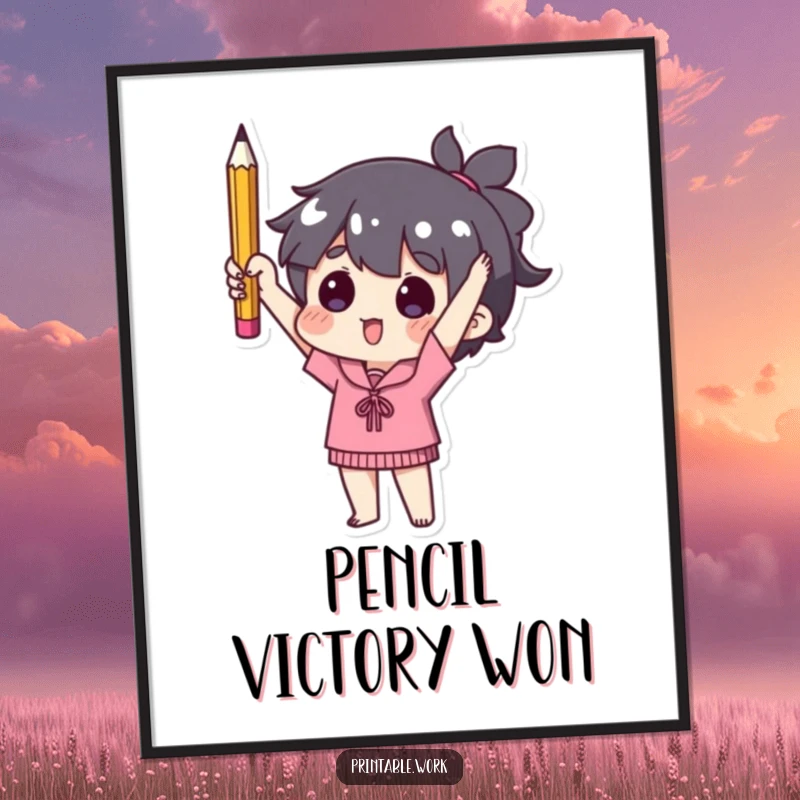 Funny digital art print of a character triumphantly holding a single used pencil, adding minimalist humor to home decor.