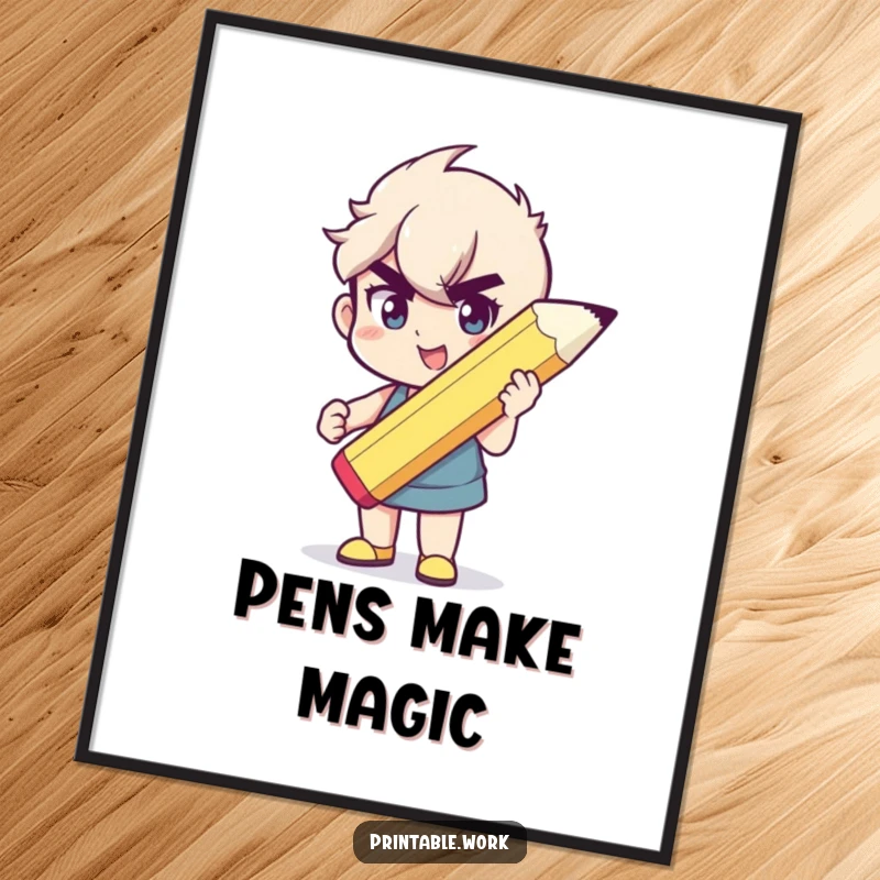 Funny digital art print of a character holding a giant pencil, symbolizing creativity and determination with humor.