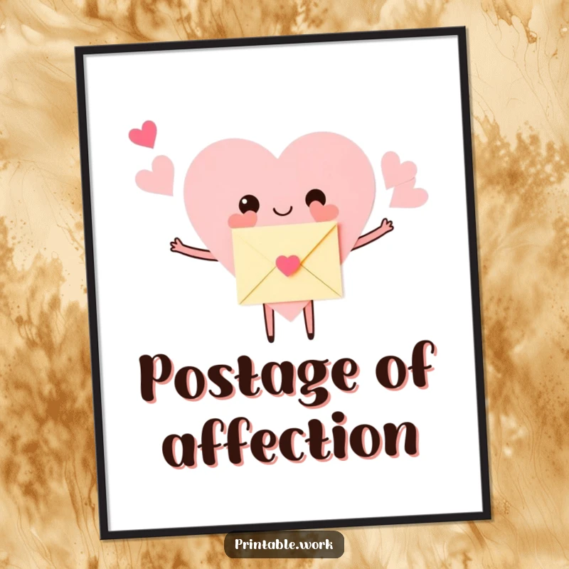 Funny Digital Art Print of a paper heart character with arms widely open, hugging a tiny envelope. Conveys warmth and affection humorously.