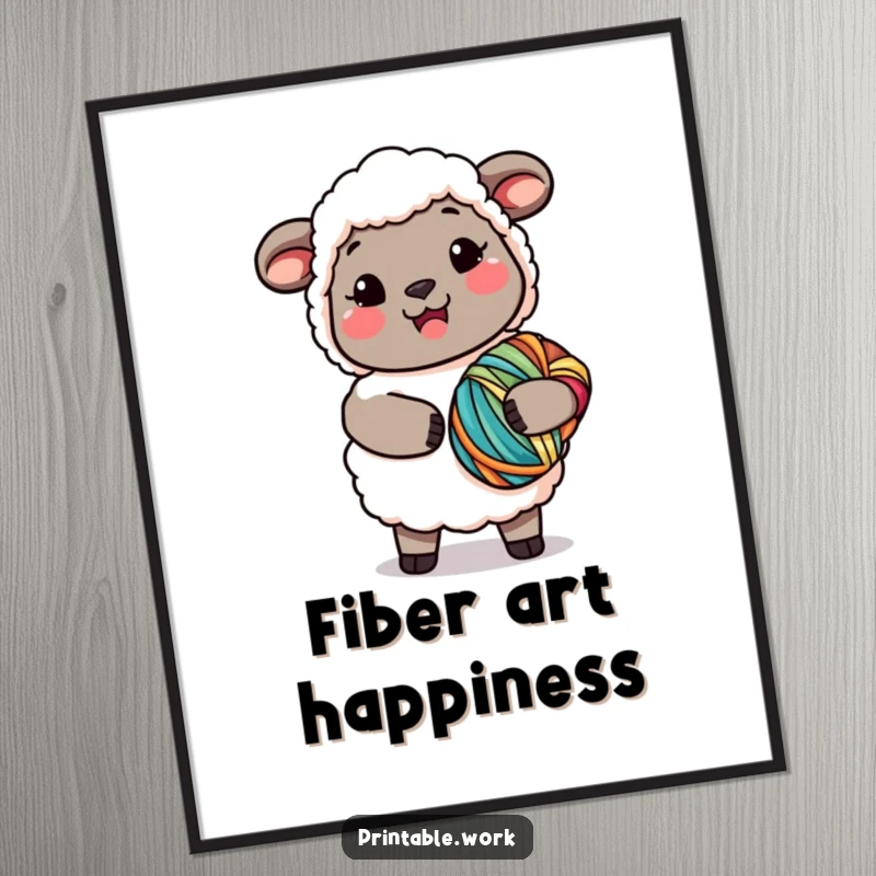Funny Kawaii Sheep Yarn Digital Art Print of a happy sheep with yarn, ready to print and display, a cheerful funny gift.