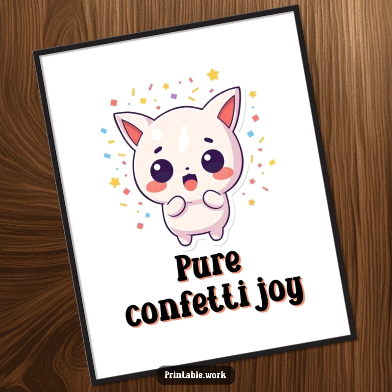 Funny digital art print of a surprised Kawaii character showered in confetti, ideal for instant, humorous decoration.