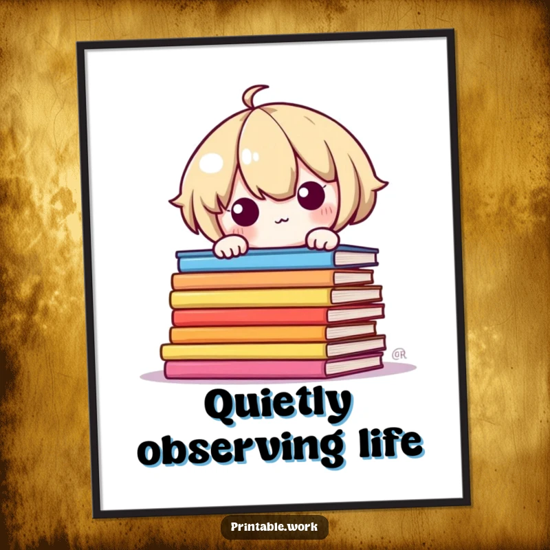 Funny Digital Art Print: Shy Kawaii character peeking around colorful book pages, a downloadable and humorous artwork.