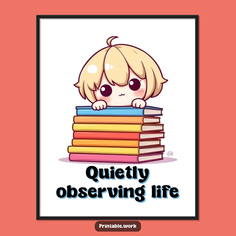 Funny Shy Kawaii Digital Art: Adorable Book Character Download, Perfect Funny Gift