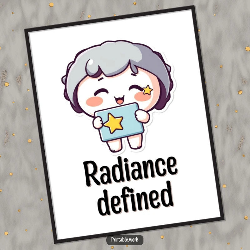 Funny digital art print of a happy character with a star on its cheek, holding a stencil. Ideal for creative wall decor.