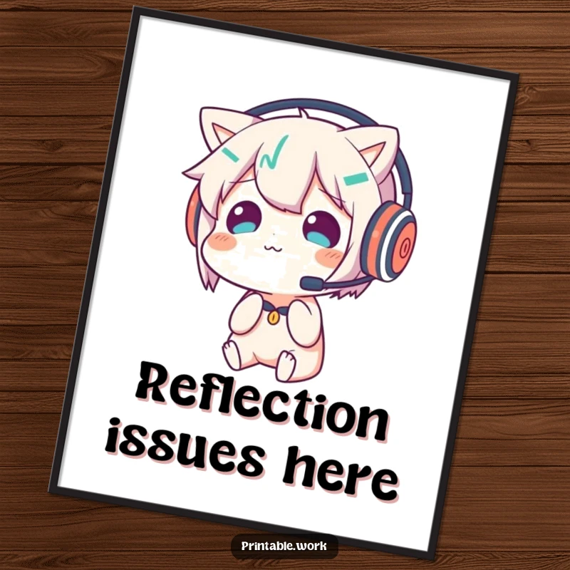 Funny digital art print of a character wearing a headset and looking confused by its reflection, perfect for instant humorous decor.