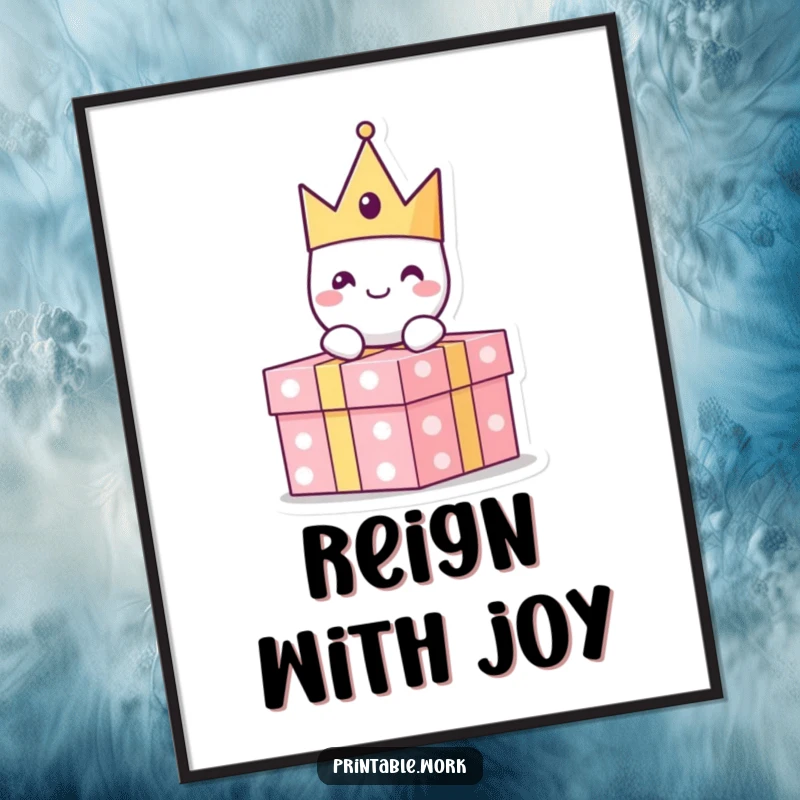 Funny paper crown character with a cheerful expression sitting atop a present, as printable digital art for instant festive decor.